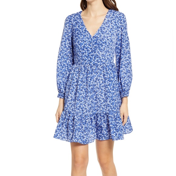 Eliza J Floral Print Long Sleeve‎ Ruffle Mini Dress Blue Size 2 - Picture 1 of 8